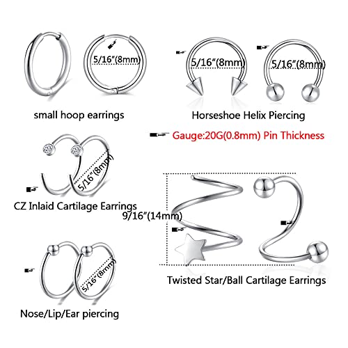 38Pcs Stainless Steel Earrings Set for Women Men 14K Gold Plated Small Flat Back Stud Earrings Hoop Earrings Women Men Hypoallergenic Cubic Zirconia Earrings Cartilage Earrings Rook Daith Tragues Lobe Conch Septum Piercing Jewelry - color: B:Silver