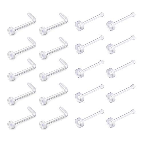 D.Bella Clear Nose Rings: 18G Retainer & 20G Hoop, Flexible Acrylic Piercing Kit for Work & Surgery - color: 20 Pcs L-Shaped & I Shaped