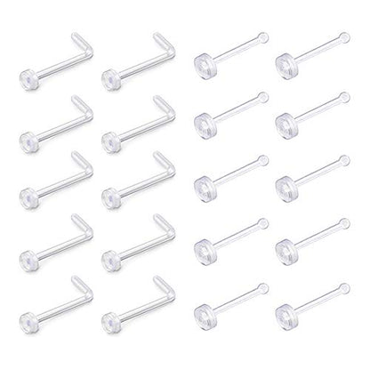 D.Bella Clear Nose Rings: 18G Retainer & 20G Hoop, Flexible Acrylic Piercing Kit for Work & Surgery - color: 20 Pcs L-Shaped & I Shaped