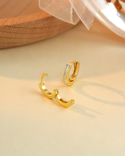 Dainty Opal Huggie Earrings, 14K Gold Plated Cartilage Earrings Jewelry Gift for Women Teen Girls with Quote Card and Velvet Gift Pouch - style: Huggie Earring - White Opal