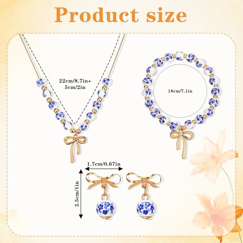 Bow Jewelry Set, Ceramic Bracelet Necklace and Earring Sets for Women with Bow Tie, Handmade Vintage Beads Ceramic Jewelry Gift