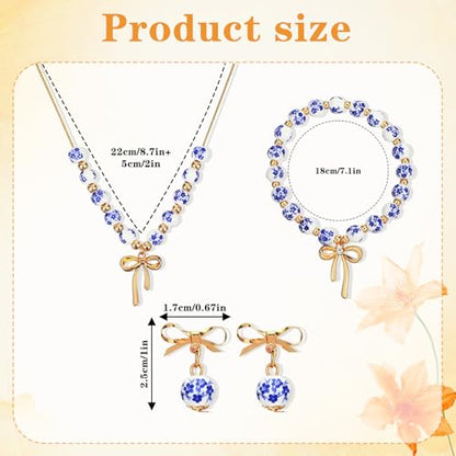 Bow Jewelry Set, Ceramic Bracelet Necklace and Earring Sets for Women with Bow Tie, Handmade Vintage Beads Ceramic Jewelry Gift