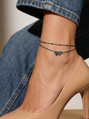 Silvora Ankle Bracelets for Women Waterproof 14K Gold/Silver/Black Initial Anklet for Women Dainty Layered Heart Ankle Bracelets Stainless Steel Adjustable Foot Chain Anklet Summer Beach Jewelry - color: P-Black