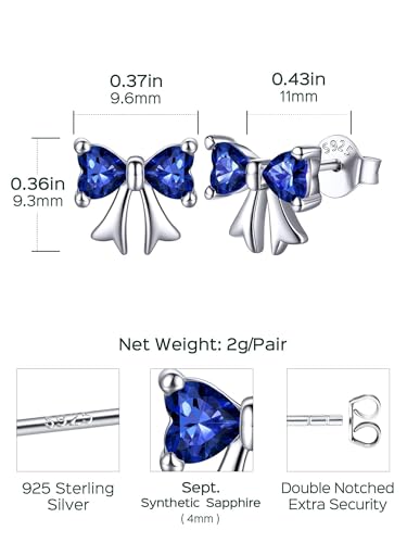 ChicSilver 925 Sterling Silver Bow/Butterfly Earrings for Women Hypoallergenic Birthstone Earrings Dainty Bow/Butterfly Jewelry Gift for Women - color: Bow-September-Sapphire