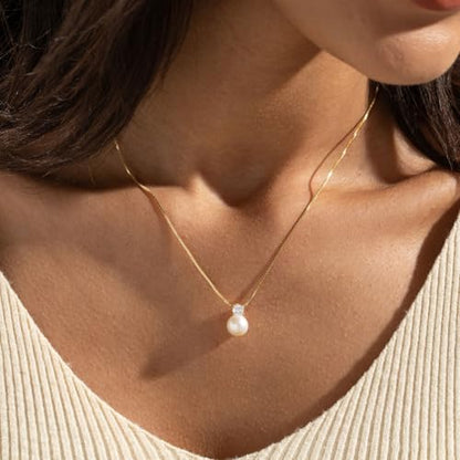 Pearl Necklace for Women- 14K Gold-plated/White Gold-plated Dainty Pearl Necklace for Women - color: Gold CZ pearl
