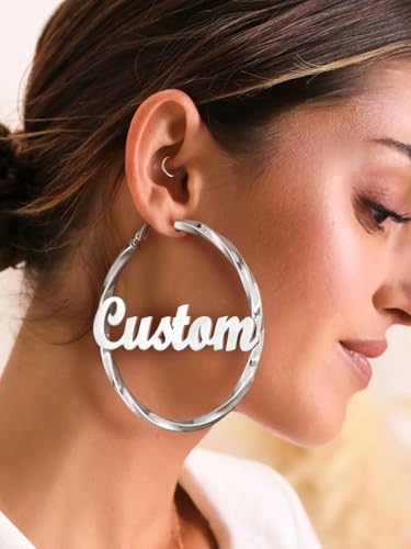 FindChic Twisted Hoop Earrings for Women, Silver/Black/14K Gold Plated Hypoallergenic Hollow Tube Rounded Loop Earrings, 30mm/40mm/60mm/80mm Hoops with Custom Name Options and Gift Box - color: e.Silver (Custom Name), size: 80MM