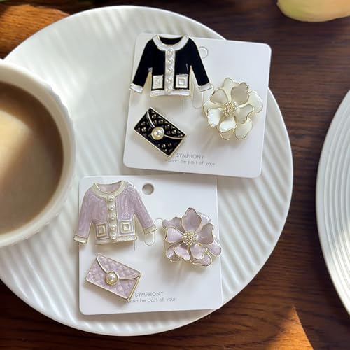 Elegant Flower Imitation Pearl Brooch Pin Set Retro Enamel Coat Bag and Camellia Lapel Collar Brooches Pins Fashion Birthday Business Jewelry for Women Dress Suit Sweater Shirt Badge Accessory 3Pcs - color: Black