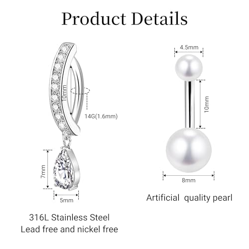 LEE&RO Gold Belly Button Ring for Women - Surgical Steel Navel Piercing Jewelry 14G - color: Silver