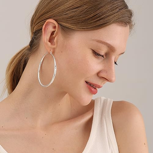 OOOPEL 925 Sterling Silver Hoop for Women Gold Hoop Earrings Hypoallergenic Diamond-Cut Ripples Designed - Non Tarnish Large Hoop Earrings(30/40/50/60/70mm) - color: Silver-70mm