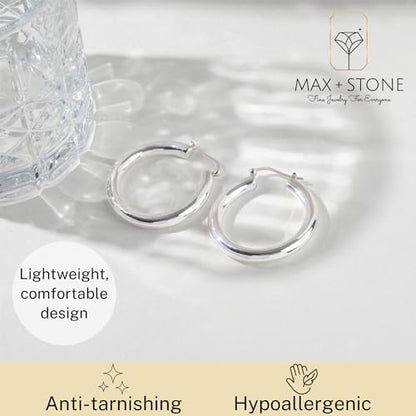 925 Sterling Silver Chunky Hoop Earrings for Women | Hypoallergenic Hollow Round Sterling Silver Hoop Earrings | Lightweight Thick Silver Earrings Hoops by MAX + STONE - style: Polished Chunky Hoop | 1.5 Inches