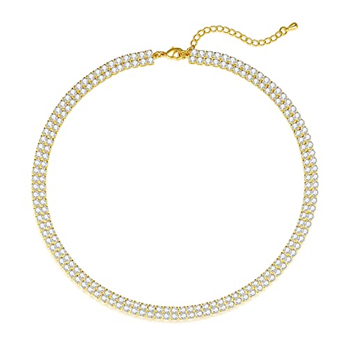 Luxval Tennis Necklace 14K Gold Plated Rhinestone Butterfly Choker Necklaces for women Dainty Zirconia Cut Faux Diamond chain 3mm - color: Gold-2 row tennis