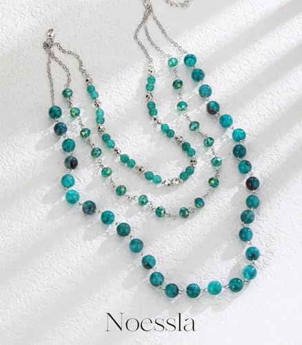 Noessla Layered Beaded Necklaces for Women - 3 Strand Boho Statement Choker Fashion Jewelry Gifts - color: Green