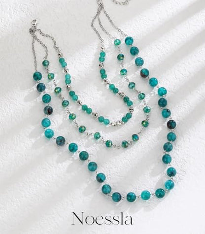 Noessla Layered Beaded Necklaces for Women - 3 Strand Boho Statement Choker Fashion Jewelry Gifts - color: Green
