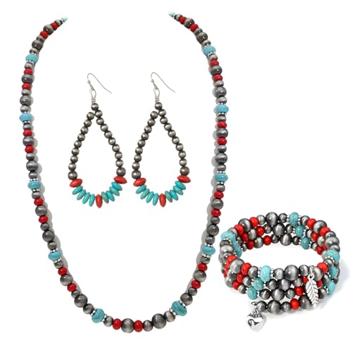 Multi strand Navajo Pearl Necklace Layer Navajo Pearls Western Jewelry for Women Boho Vintage Choker Turquoise Necklaces - color: red navajo turquoise bronze