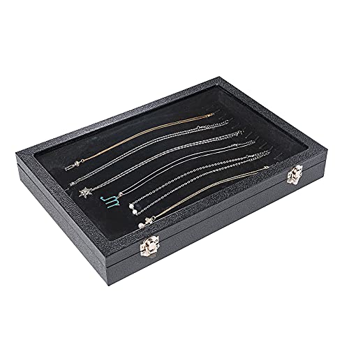 Vertical Necklace Holder Organizer,Necklace Storage,Necklace Organizer Box,Jewelry Tray with Glass Lid (Black Velvet)