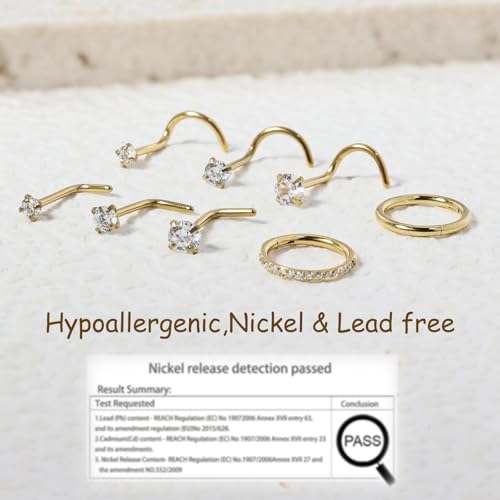 8PCS Titanium Nose Rings Stud, Gold Nose Ring for Women Men Hypoallergenic Nostril Hoops L Shape Nose Studs Corkscrew CZ Nose Piercing Jewelry Silver 18G & 20G Nose Ring Studs 2/2.5/3mm - style: 8PC-Gold
