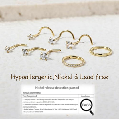 8PCS Titanium Nose Rings Stud, Gold Nose Ring for Women Men Hypoallergenic Nostril Hoops L Shape Nose Studs Corkscrew CZ Nose Piercing Jewelry Silver 18G & 20G Nose Ring Studs 2/2.5/3mm - style: 8PC-Gold