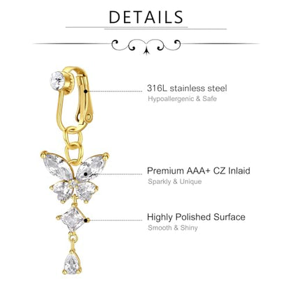 D.Bella Fake Belly Ring Fake Belly Piercing Clip on Belly Button Rings Surgical Steel Fake Belly Button Ring Fake Earrings Diamond Snake Dangle Non Piercing Fake Belly Piercing Jewelry - style: Gold-A