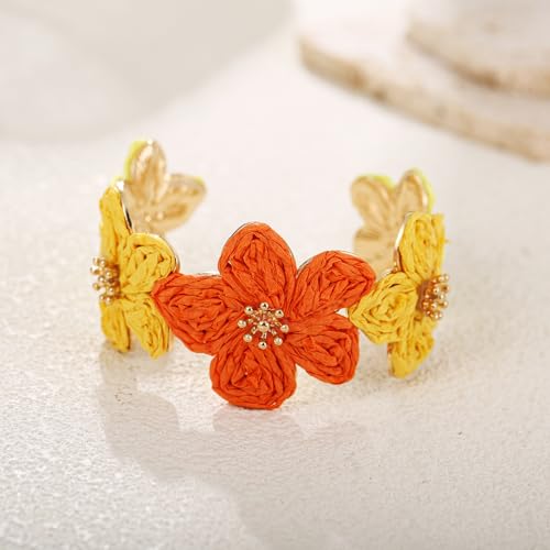 RUOFFETA Raffia Flower Cuff Bracelet for Women, Floral Chunky Bangle Wide Open Cuff Statement Bracelet - color: Orange Ombre