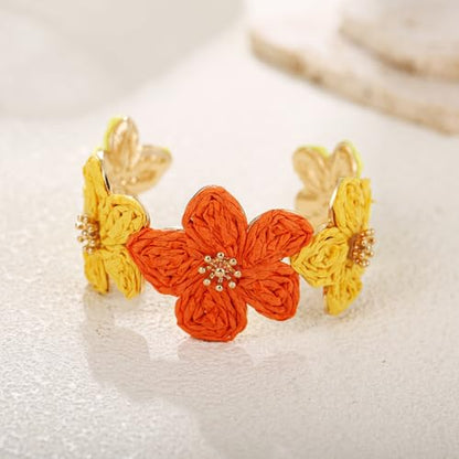 RUOFFETA Raffia Flower Cuff Bracelet for Women, Floral Chunky Bangle Wide Open Cuff Statement Bracelet - color: Orange Ombre