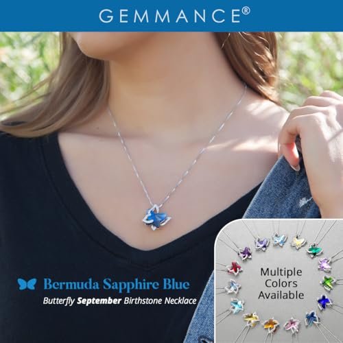 Butterfly Necklace, Birthstone Crystal, for Women, Silver Tone Pendant Jewelry, Anniversary Birthday Gift for Her, Wife & Mom, 18"+2" - color: 09-September Birthstone - Bermuda Sapphire Blue Crystal