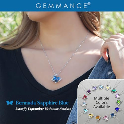 Butterfly Necklace, Birthstone Crystal, for Women, Silver Tone Pendant Jewelry, Anniversary Birthday Gift for Her, Wife & Mom, 18"+2" - color: 09-September Birthstone - Bermuda Sapphire Blue Crystal
