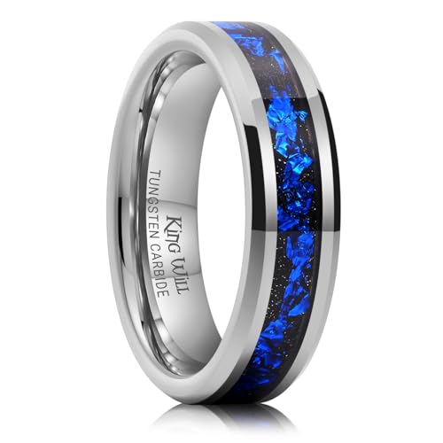 King Will Mens Wedding Band with Foils Inlay, Black/Silver/Gold Beveled Edge Glowstone Ring, 6mm/8mm Tungsten Carbide Rings Comfort Fit - color: Silver&Blue-6mm