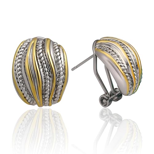 Mytys Two Tone Huggie Hoop Earrings Cross Over Design Twisted Rope Silver Gold Statement Wide Band Clip On Hoops for Women Fashion Jewelry Gift - color: solid Gold & Silver