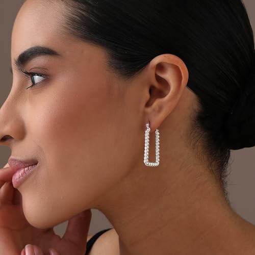 LeCalla Sterling Silver Hoop Earrings for Women | Lightweight Silver Chunky Hoop Earrings | Handmade Electroform Hollow Italian Design Click-Top Earrings Hoop - color: Twist Classic Rectangle