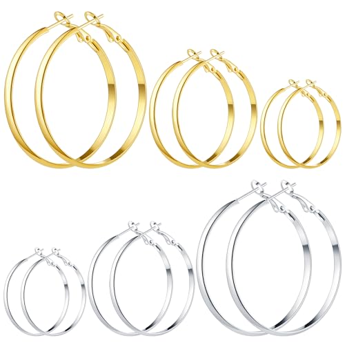5/12 Pairs Gold Silver Plated Hoop Earrings for Women, Hypoallergenic Stainless Steel Hoops Earrings Set, Lightweight Large Small Hoops Women Earrings Loop Earrings Set - color: 6 Pairs Silver Gold Plated Flat Round Shape Hoop Earrings