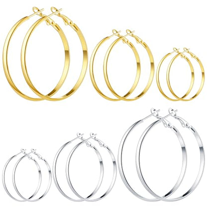 5/12 Pairs Gold Silver Plated Hoop Earrings for Women, Hypoallergenic Stainless Steel Hoops Earrings Set, Lightweight Large Small Hoops Women Earrings Loop Earrings Set - color: 6 Pairs Silver Gold Plated Flat Round Shape Hoop Earrings