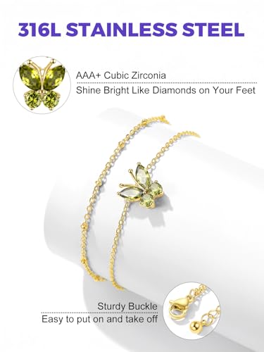 Richsteel Double Layer Heart/Butterfly Birthstone Anklet for Women | Non Tarnish Waterproof, Silver/Gold/Black Stainless Steel 8.5-10.5 Inch Adjustable Chain Anklets Summer Beach Foot Jewelry - color: Gold Butterfly-08 Aug.(Peridot)