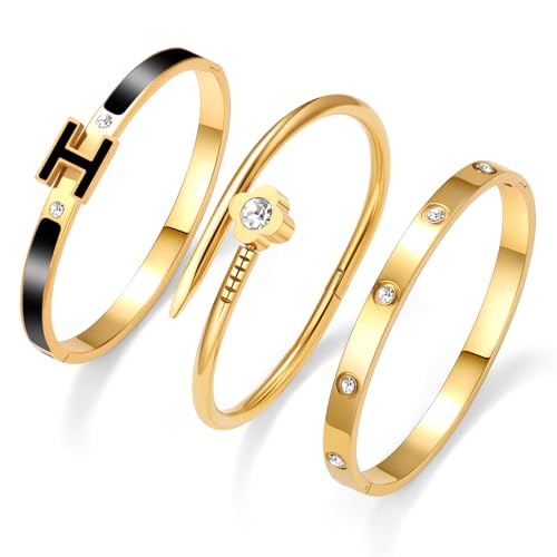 3Pcs Gold Bracelets for Women 14K Gold Plated Love/H/Nail Bangle Bracelet Dainty Non Tarnish Bracelet Jewelry Christmas Mothers Day Gifts for Women - color: 3Pcs Gold/Black H bracelet