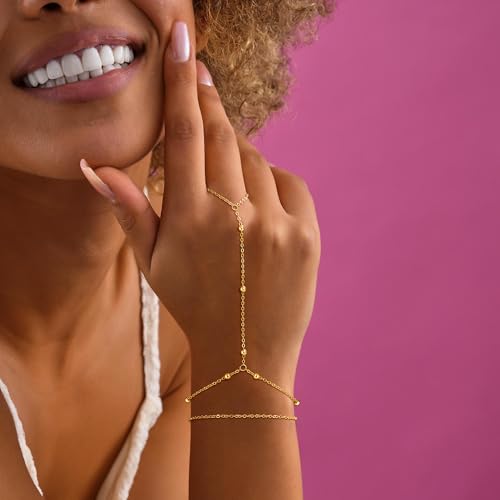 Mothers Day Gifts 14K Gold Plated Hand Chain Bracelet for Women, Stackable Gold/Silver Finger Ring Bracelet Hand Chain Dainty Non Tarnish Waterproof CZ Satellite Bead Link Adjustable Jewelry - color: Gold-Style 3