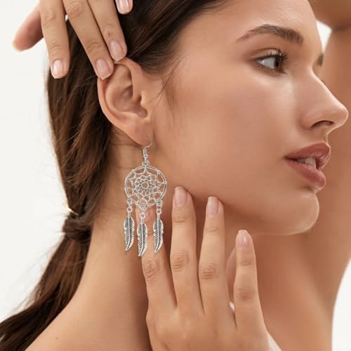 Blue Turquoise Dream Catcher Feather Earrings for Women Vintage Bohemian Western Jewelry - style: Silver Dream Catcher