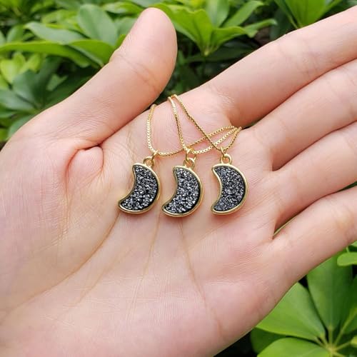 Adabele Natural Druzy Necklace Small Tiny Moon Gemstone Pendant 18 inch Sparkly Agate Stone Crystal Women Jewelry Tarnish Resistant Stainless Steel/Gold Plated Chain - color: Hematite black druzy - gold plated