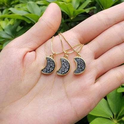 Adabele Natural Druzy Necklace Small Tiny Moon Gemstone Pendant 18 inch Sparkly Agate Stone Crystal Women Jewelry Tarnish Resistant Stainless Steel/Gold Plated Chain - color: Hematite black druzy - gold plated