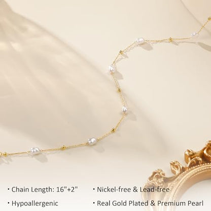 Ritach Pearl Necklaces for Women - Real Gold Plated Dainty Pearl Necklace Daisy Round Drop Pearl Choker Necklace Layered Gold Necklace for Women Teen Girls Bridesmaid Wedding Birthday Gifts - style: Gold-Bead Pearl Station