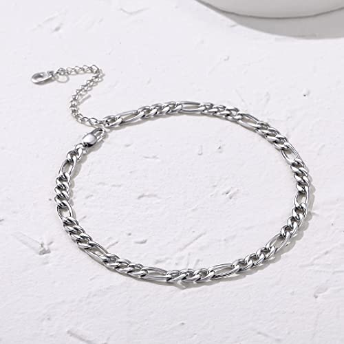 Adjustbale Link Chain Anklet for Women Summer Jewelry, 316L Stainless Steel Figaro/Wheat/Twist Rope/Cuban Foot Bracelet-Waterproof, Resizable 9"-12" (Gift Box Included) - color: 3, Figaro - Stainless Steel