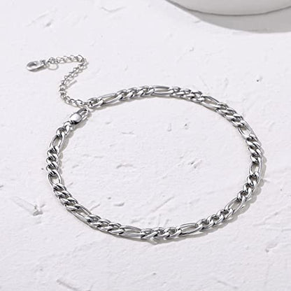 Adjustbale Link Chain Anklet for Women Summer Jewelry, 316L Stainless Steel Figaro/Wheat/Twist Rope/Cuban Foot Bracelet-Waterproof, Resizable 9"-12" (Gift Box Included) - color: 3, Figaro - Stainless Steel