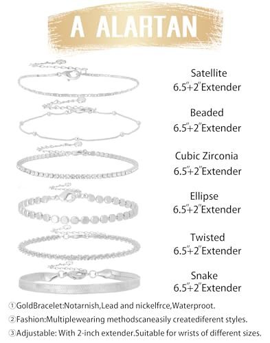 Gold Bracelets for Women 14K Gold Plated Stack Trend Bracelets Charm Paperclip Chain Cuban Link Layered Waterproof Bracelet Dainty Bracelet for Women Jewelry Gifts - color: Silver 6Pcs