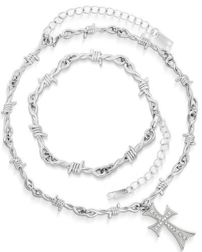 Stainless Steel Gothic Y2K Punk Rock Emo Biker Pendant Necklace | Cosplay Vintage Viking Alt Edgy Fashion Charm Necklace Jewelry for Men Women Active Daily Wear - style: Large Cross Barbed Wire Necklace Bracelet