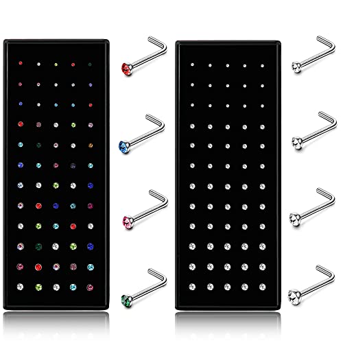Helicopchain 60-240Pcs Hypoallergenic Nose Studs for Women Men 316L Stainless Steel CZ Nose Piercing Jewelry L Shaped Nose Rings Bone Studs Screw Piercing 20G-22G 1.5mm 2mm 2.5mm 3mm - color: E: 20G(120Pcs L Shaped Nose Stud)