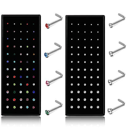 Helicopchain 60-240Pcs Hypoallergenic Nose Studs for Women Men 316L Stainless Steel CZ Nose Piercing Jewelry L Shaped Nose Rings Bone Studs Screw Piercing 20G-22G 1.5mm 2mm 2.5mm 3mm - color: E: 20G(120Pcs L Shaped Nose Stud)