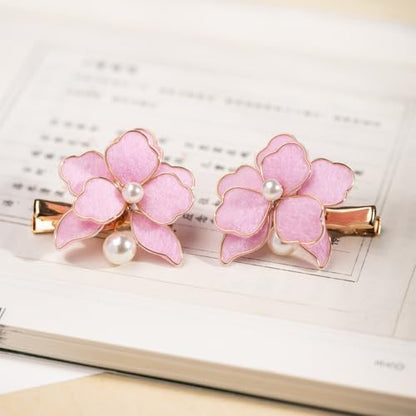 A Pair Wedding Hair Clips, Handmade Floral Design Crystal Hair Clips Pearl Barrettes, Rhinestones Flower Clips Pearl Headpieces Hair Pins Hair Accessories for Women Girls (Pink) - color: Pink