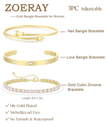 ZOERAY Silver Gold Bangle Bracelets for Women Non Tarnish 14k Gold Plated Stackable Cuff Bracelets for Women Trendy Cubic Zirconia Stainless Steel Chunky Bracelet Stack Set Waterproof Jewelry Gifts - color: B.Tennis-Gold