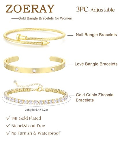 ZOERAY Silver Gold Bangle Bracelets for Women Non Tarnish 14k Gold Plated Stackable Cuff Bracelets for Women Trendy Cubic Zirconia Stainless Steel Chunky Bracelet Stack Set Waterproof Jewelry Gifts - color: B.Tennis-Gold