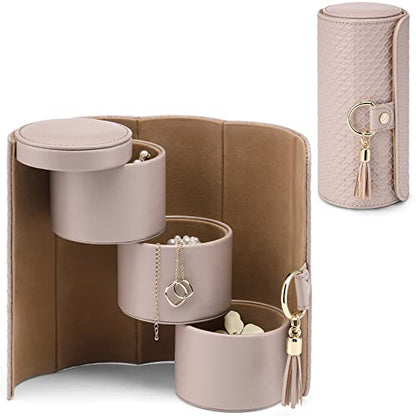 VLANDO Travel Jewelry Box, Travel Jewelry Case for Mothers Day Gifts, Earring organizer Necklacke Organizer Ring Organizer Box with Hand-held Design for Travelling - Grey+Khaki Inner | Stepped Sections Compartments Keep Jewelry Visible, Soft Lining Protec