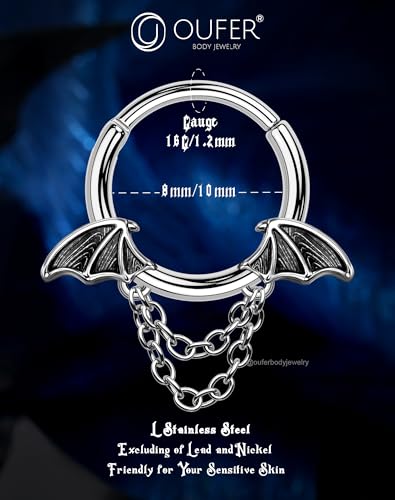 OUFER 16G Halloween Septum Ring Bat Wing Chain Piercing Jewelry | Gothic Stainless Steel Nose Hoop for Women Men | 8MM 10MM Segment Ring for Vampire Cosplay