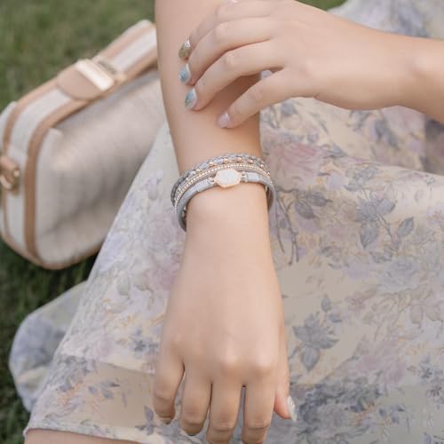 FANCY SHINY Crystal Beaded Leather Wrap Bracelet Stackable Boho Jewelry for Women Resin Stone Bangle Cuff with Magnetic Clasp - color: Silver